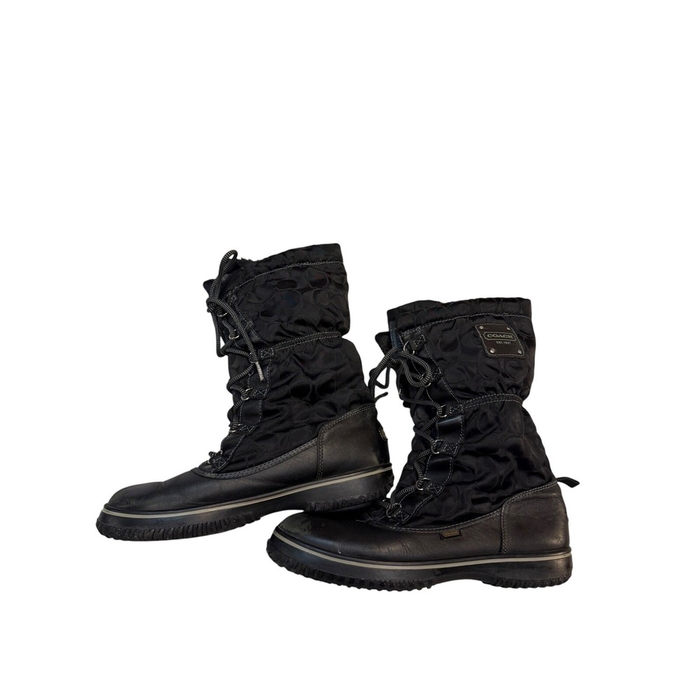 Coach Black Signature Monogram Leather Nylon Snow Winter Boots Mid-Calf‎ Womens